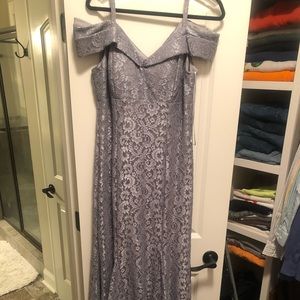 R & M Richards Off-The-Shoulder Lace Gown